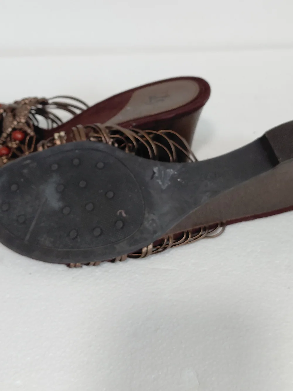 Women's Burgundy Wedge Sandals with Braided Metallic Straps